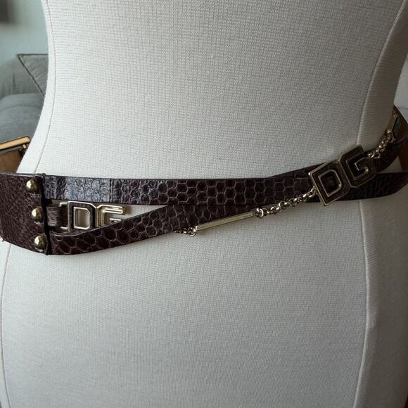 Dolce & Gabbana Brown Embossed Leather DG Logo Chain Belt